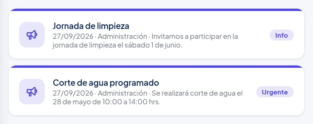 Lista de comunicados: Jornada de limpieza (Info) y Corte de agua programado (Urgente), cada uno con su fecha y Administración.