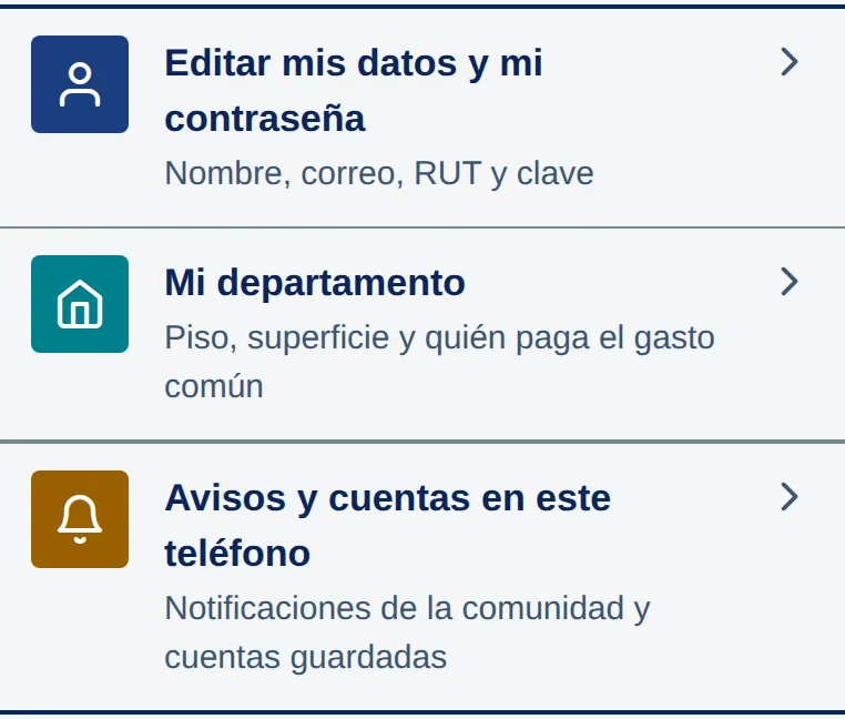 Pantalla Mi cuenta: filas Editar mis datos y mi contraseña, Mi departamento y Avisos y cuentas en este teléfono.