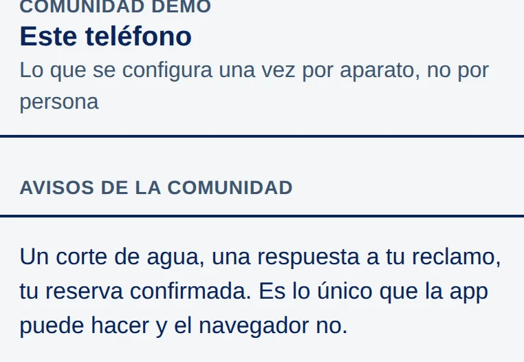 Pantalla Este teléfono, sección Avisos de la comunidad: Un corte de agua, una respuesta a tu reclamo, tu reserva confirmada.