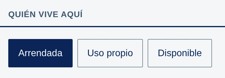 Quién vive aquí: botones Arrendada, Uso propio y Disponible; Arrendada está elegida.