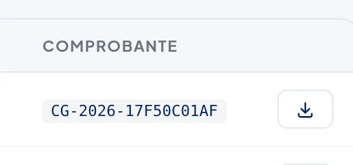 Detalle del final de la fila: la columna Comprobante con el folio y, a la derecha, el botón con una flecha hacia abajo.