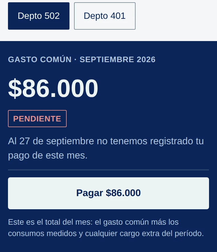 Pantalla Inicio de la app: arriba los botones Depto 502 y Depto 401; abajo el recuadro azul Gasto común · Septiembre 2026, $86.000, sello Pendiente y el botón Pagar $86.000.