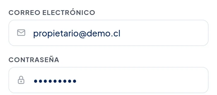 Campos Correo electrónico, con propietario@demo.cl, y Contraseña, con puntitos.