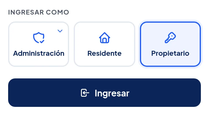 Botones de Ingresar como, con Propietario marcado, y debajo el botón azul Ingresar.
