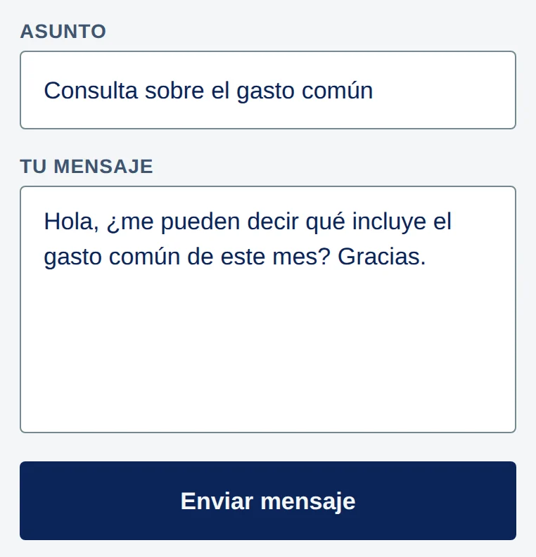 Campos Asunto y Tu mensaje, y el botón Enviar mensaje.