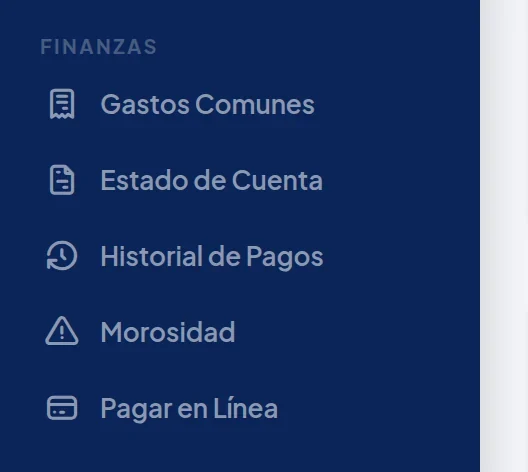 Menú azul de la izquierda, sección Finanzas: Gastos Comunes, Estado de Cuenta, Historial de Pagos, Morosidad y Pagar en Línea.