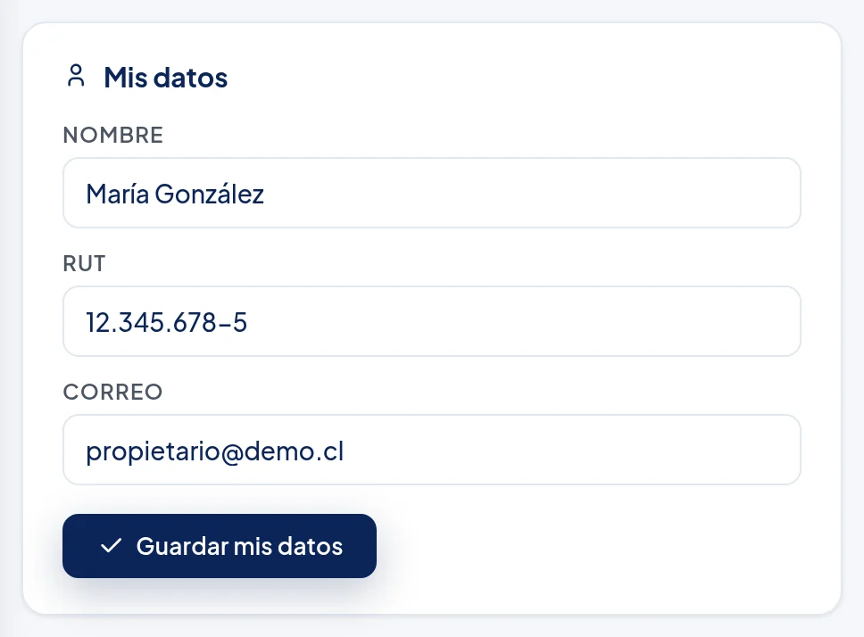 Recuadro Mis datos: Nombre María González; RUT 12.345.678-5; Correo propietario@demo.cl; botón Guardar mis datos.