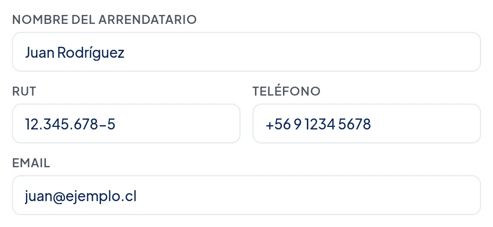Campos Nombre del arrendatario Juan Rodríguez, RUT 12.345.678-5, Teléfono +56 9 1234 5678 y Email juan@ejemplo.cl.