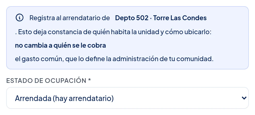 Ventana Gestionar ocupación: aviso Registra al arrendatario de Depto 502 · Torre Las Condes… no cambia a quién se le cobra el gasto común; debajo, Estado de ocupación con Arrendada (hay arrendatario) elegida.
