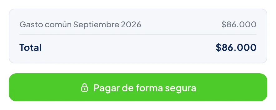 Resumen: Gasto común Septiembre 2026 $86.000, Total $86.000 y el botón verde Pagar de forma segura.