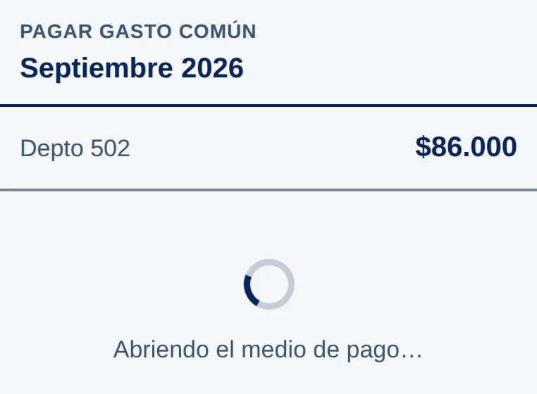 La pantalla de pago con un círculo que gira y el texto Abriendo el medio de pago…