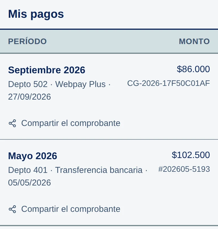 Mis pagos: arriba Septiembre 2026, $86.000, Depto 502 · Webpay Plus · 27/09/2026 y el folio.