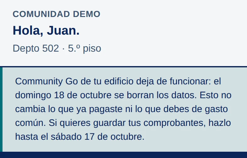 App, arriba de Inicio: recuadro gris con una franja turquesa a la izquierda y el aviso de que el domingo 18 de octubre se borran los datos y que guardes tus comprobantes hasta el sábado 17 de octubre.