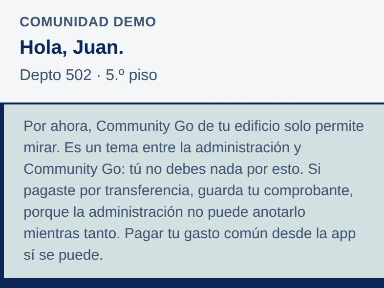 App, arriba de Inicio: Hola, Juan. Depto 502. Debajo, un recuadro gris con una franja azul oscuro a la izquierda y el aviso de que el edificio solo permite mirar y que pagar el gasto común desde la app sí se puede.