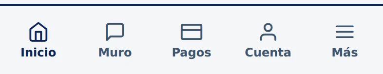 Barra de abajo de la app: Inicio, Muro, Pagos, Cuenta y Más.