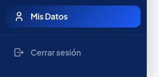 Final del menú azul de la izquierda: Mis Datos y, abajo, Cerrar sesión.
