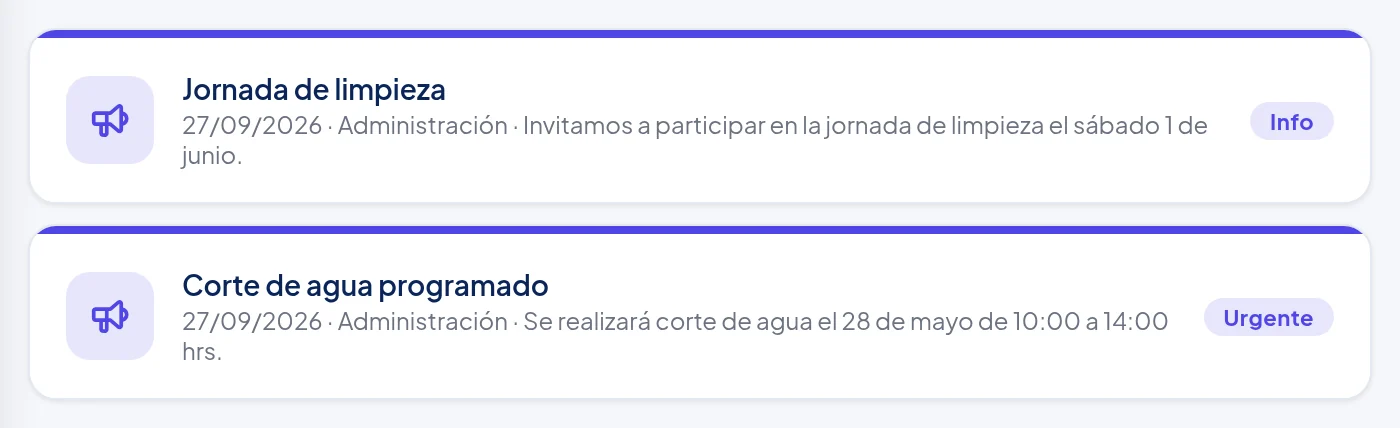Lista de comunicados: Corte de agua programado, con la etiqueta Urgente, y Jornada de limpieza, con la etiqueta Info.