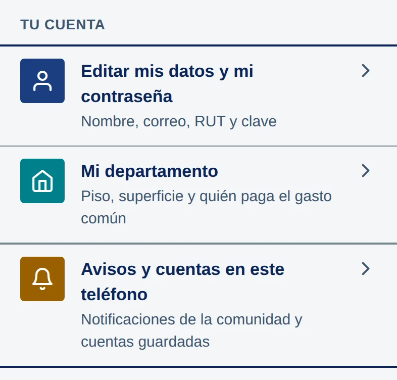 Pantalla Mi cuenta, grupo Tu cuenta: Editar mis datos y mi contraseña, Mi departamento, y Avisos y cuentas en este teléfono.