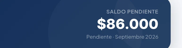 Recuadro azul de Inicio con el nombre Juan Rodríguez, Depto 502, y a la derecha Saldo pendiente $86.000, Pendiente · Septiembre 2026.