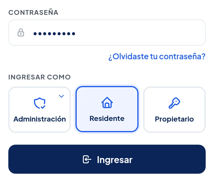 Ingresar como: Administración, Residente (elegido, con borde azul) y Propietario. Abajo, el botón Ingresar.