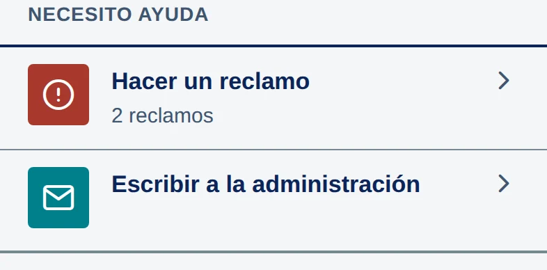 Pantalla Más, grupo Necesito ayuda: Hacer un reclamo y Escribir a la administración.