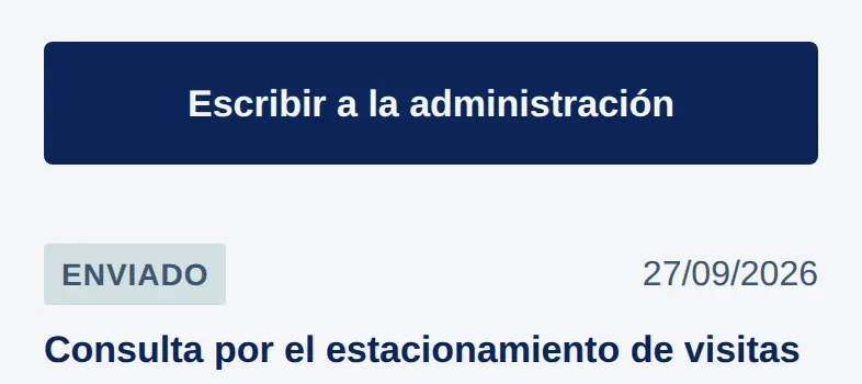 Lista de mensajes: Enviado, 27/09/2026, Consulta por el estacionamiento de visitas.