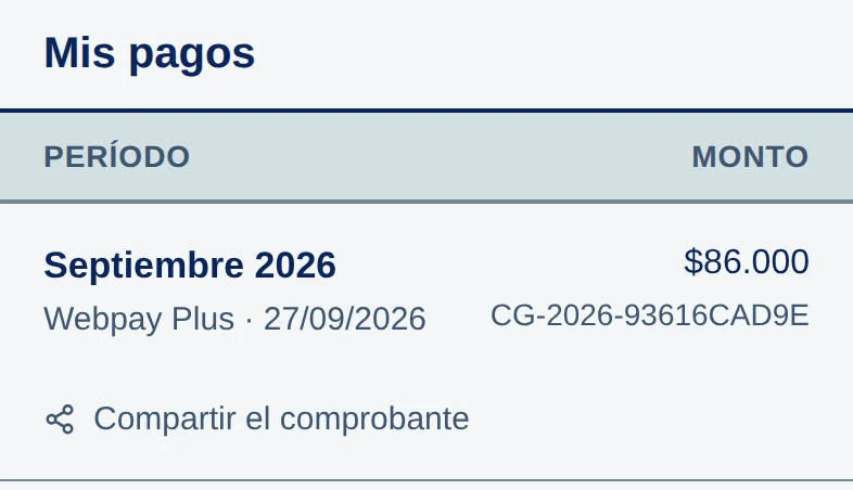 Mis pagos: Septiembre 2026, Webpay Plus · 27/09/2026, $86.000 y el folio. Debajo, Compartir el comprobante.