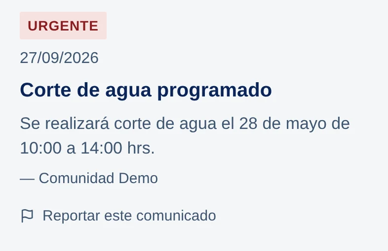 Muro de la app: etiqueta Urgente, 27/09/2026, Corte de agua programado, Se realizará corte de agua el 28 de mayo de 10:00 a 14:00 hrs., Comunidad Demo, y Reportar este comunicado.