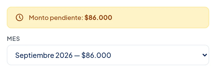 Recuadro amarillo: Monto pendiente: $86.000. Debajo, Mes: Septiembre 2026 — $86.000.