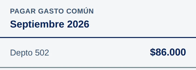 Arriba: Pagar gasto común, Septiembre 2026. Debajo: Depto 502 y $86.000.