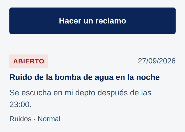 Lista de reclamos: Abierto, 27/09/2026, Ruido de la bomba de agua en la noche, Ruidos · Normal.