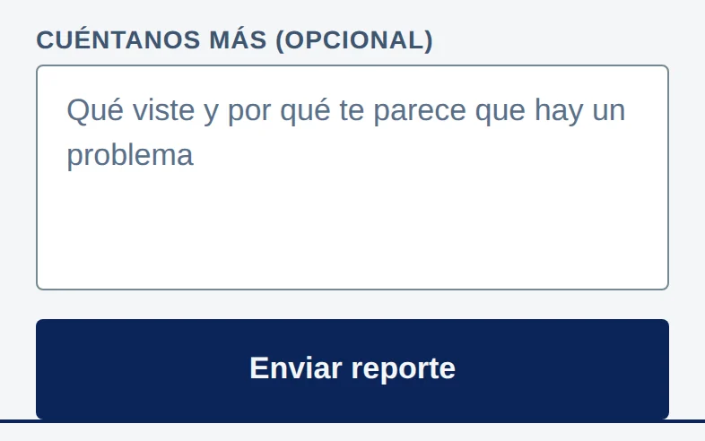 Cuéntanos más (opcional) y el botón Enviar reporte.