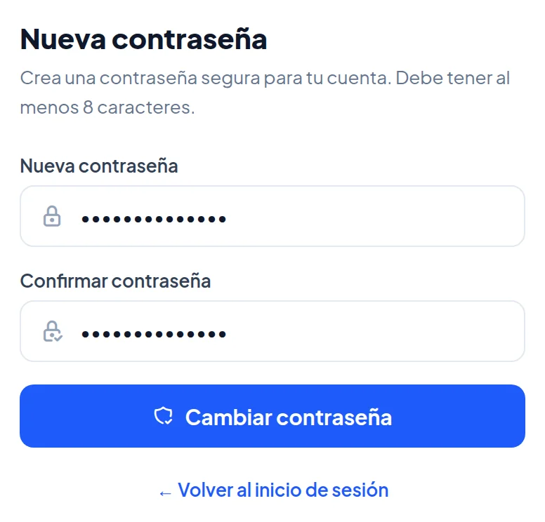 Página Nueva contraseña con los campos Nueva contraseña y Confirmar contraseña y el botón azul Cambiar contraseña.
